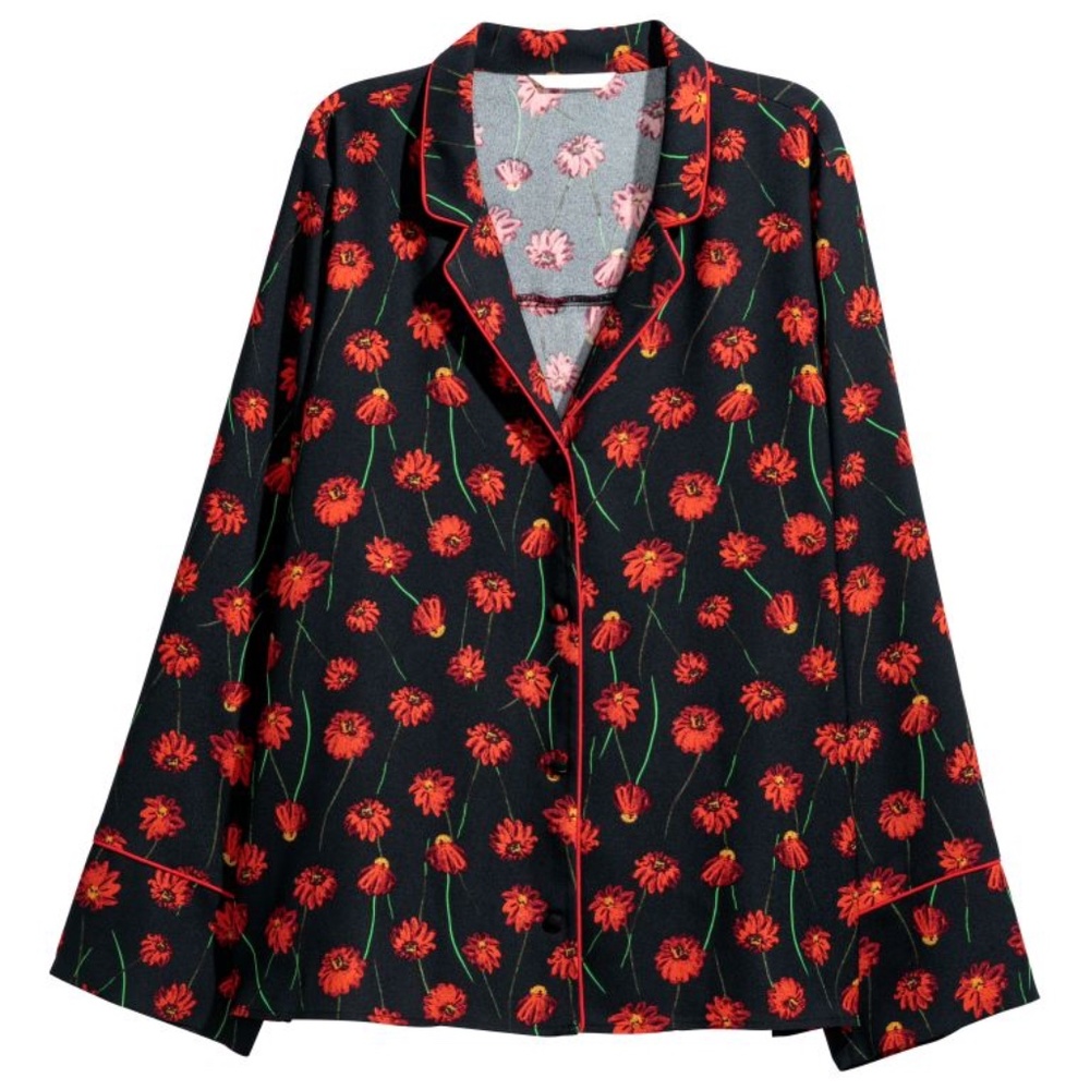 H&M black/red floral pajama jacket top US 6